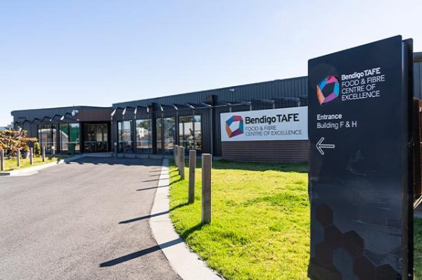 Signage and entrance to the Bendigo TAFE Food & Fibre Centre of Excellence at the Charleston Road Campus