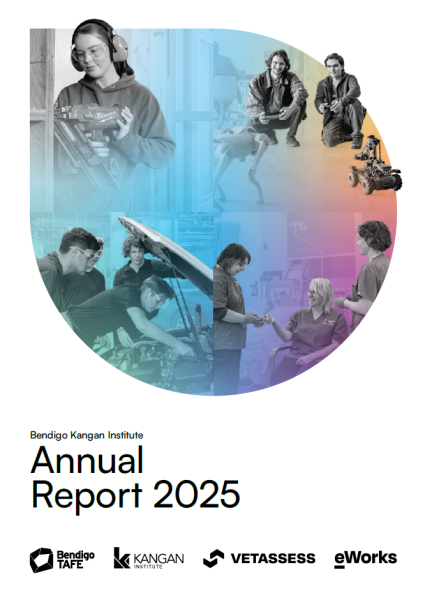 2025 Annual Report cover with decorative images of students in various trades like automotive, construction, digital technology and health care